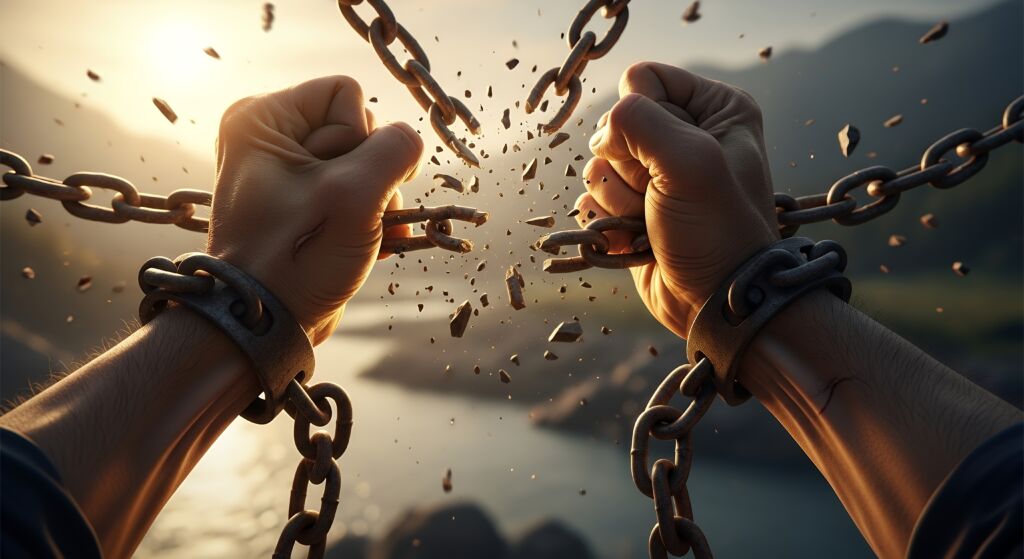 Hands Breaking Chains at Sunset in Dramatic Action Scene - Shalom Tidings